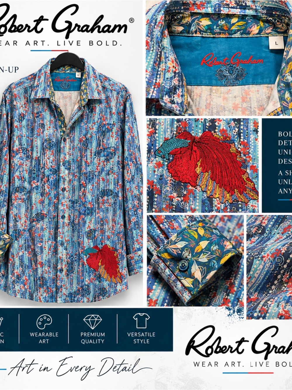 Robert Graham Blue Floral Stripe Button-Down Shirt with Red Embroidery